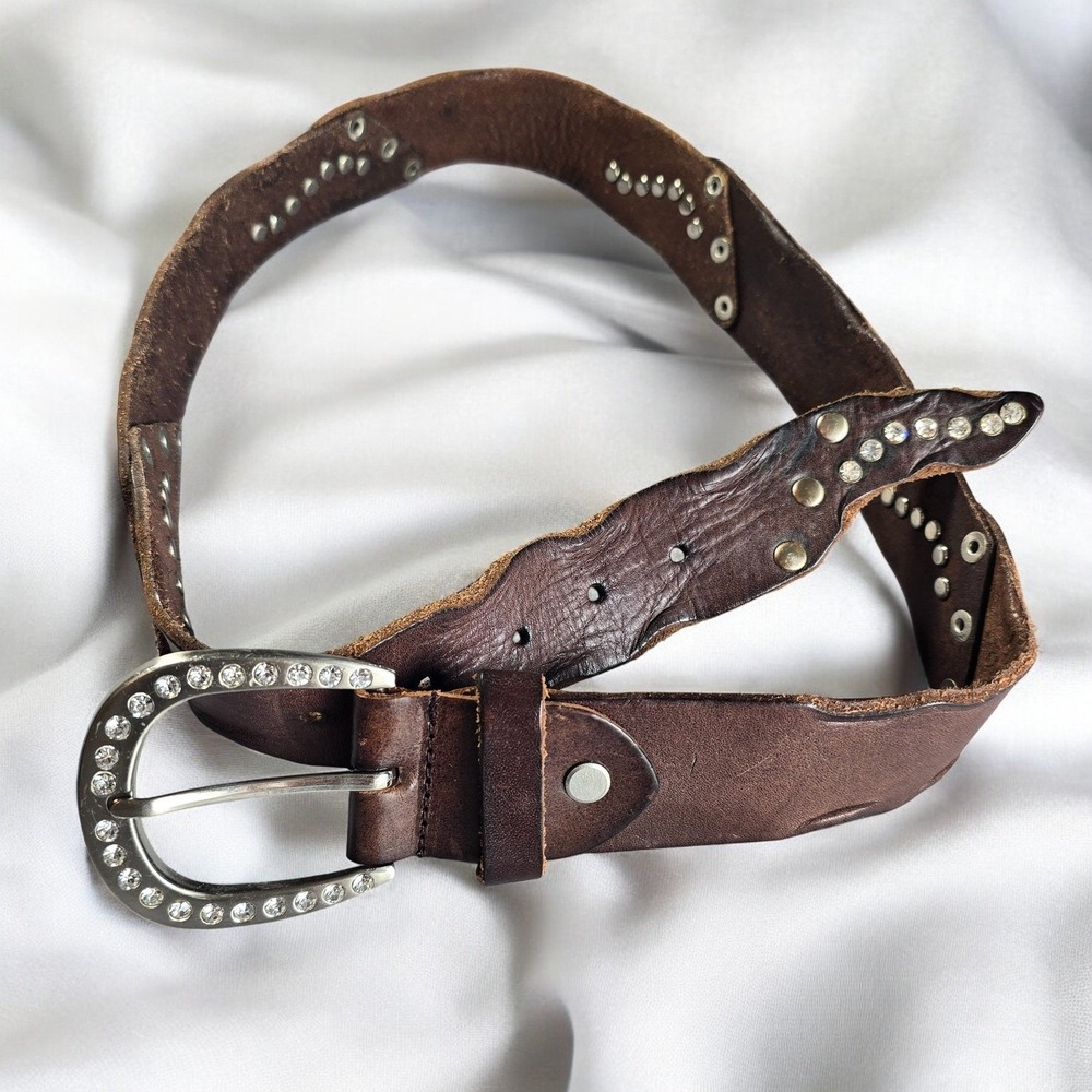 Brown Leather Belt with Rhinestone Buckle, Size S, Western Style, Women's 36.5"